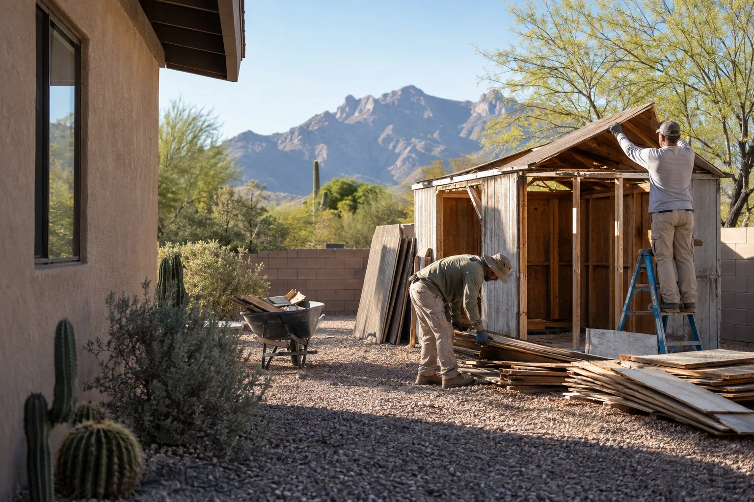 Workers carefully dismantling a backyard shed in a Tucson desert yard