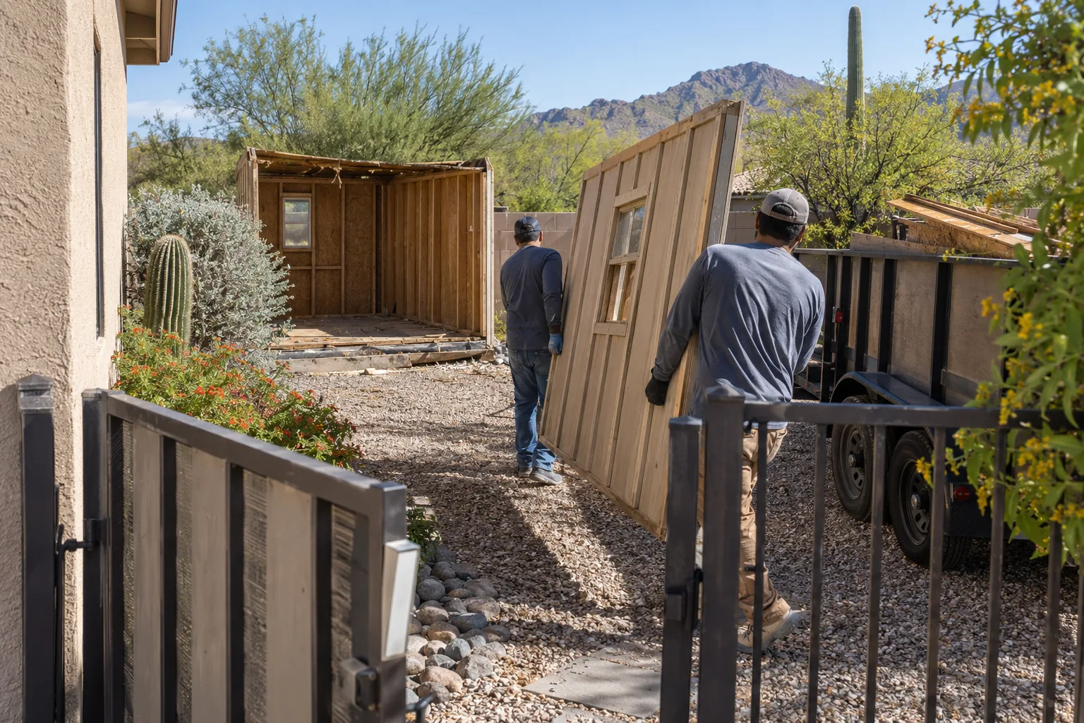 Shed wall panel being carried along a clear backyard route